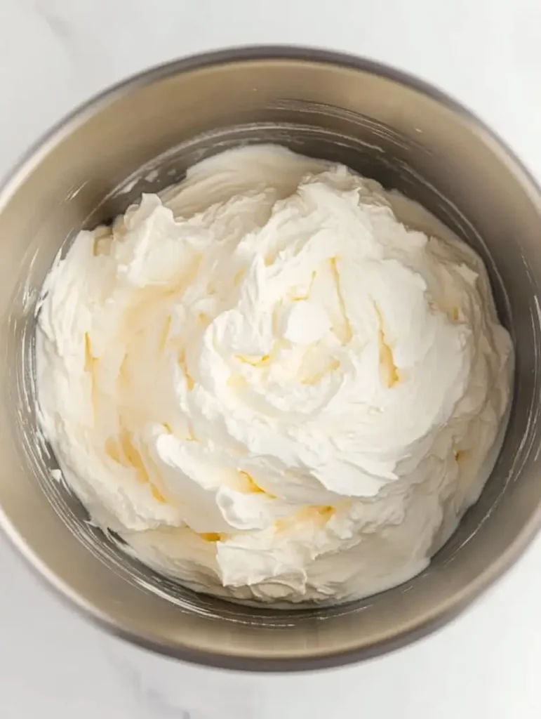 Strawberry Tres Leches Cake 43 Fluffy whipped cream in a metal bowl.