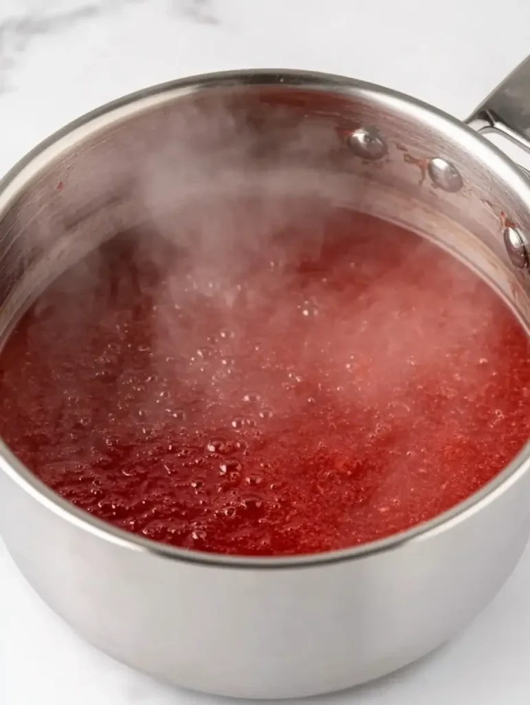 Strawberry Tres Leches Cake 36 Saucepan-of-simmering-strawberry-syrup
