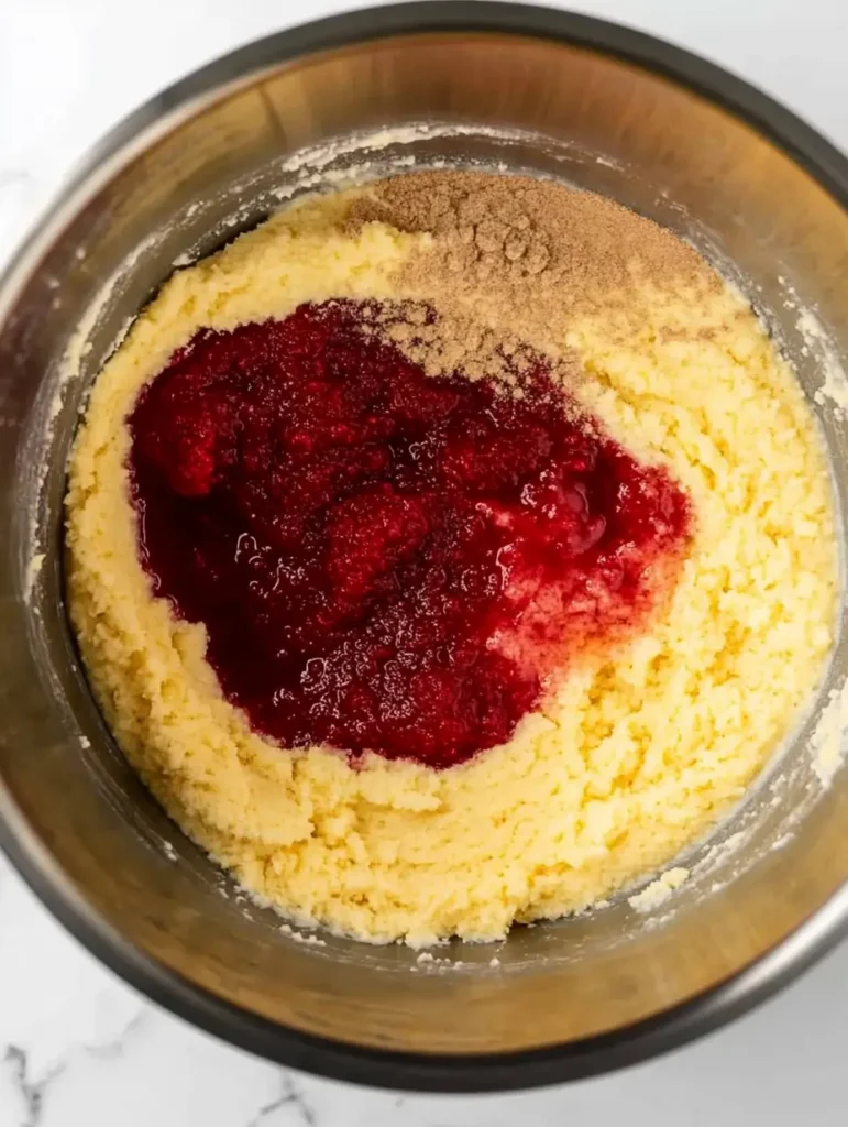 Strawberry Tres Leches Cake 39 Mixing-bowl-with-strawberry-puree-and-butter-mixture
