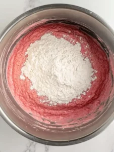 Strawberry Tres Leches Cake 52 Bowl-with-dry-flour-added-to-strawberry-cake-batter