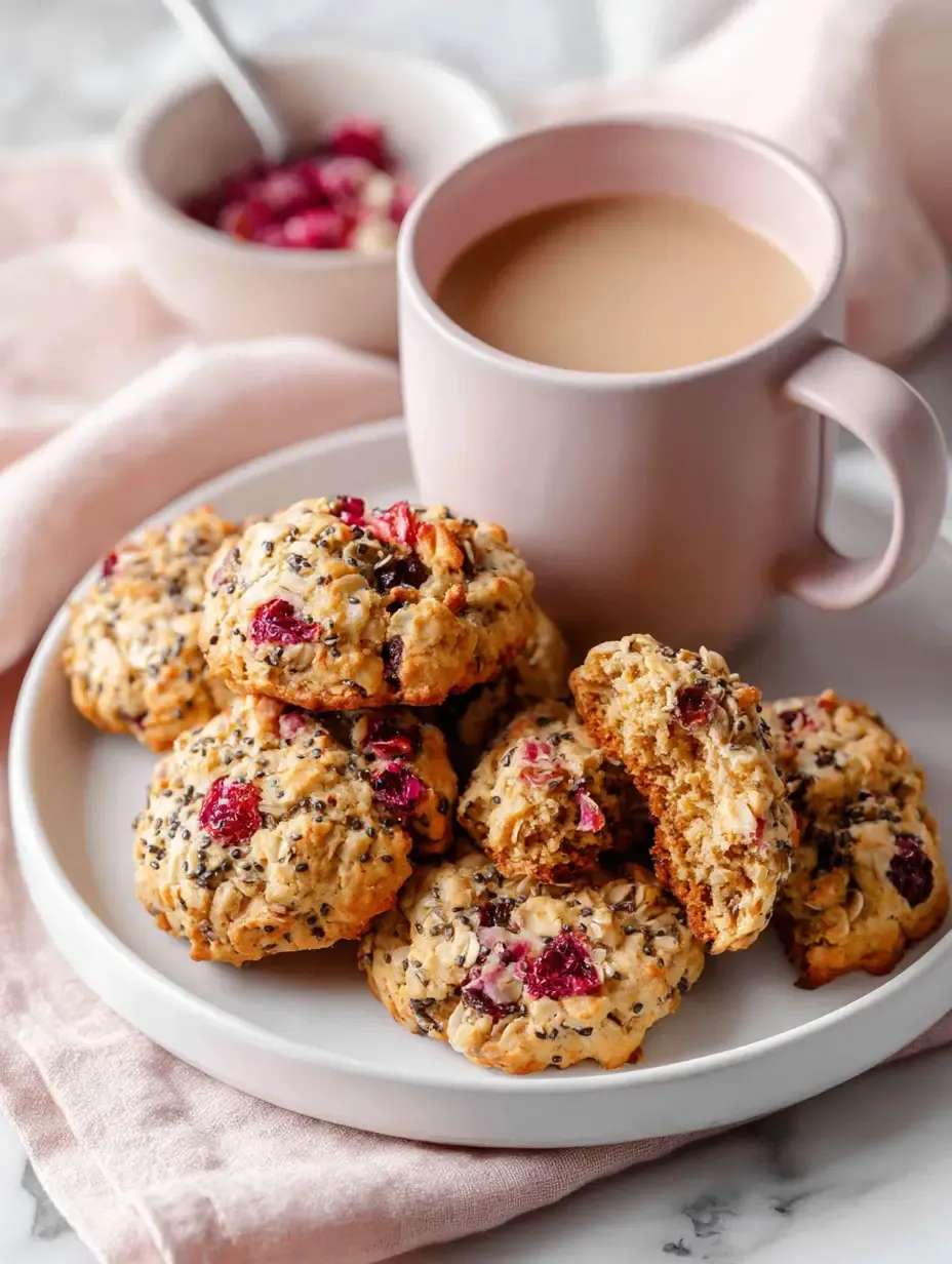 Cherry Almond Breakfast Cookies on a white plate — golden edges, packed with almonds, oats, and dried cherries