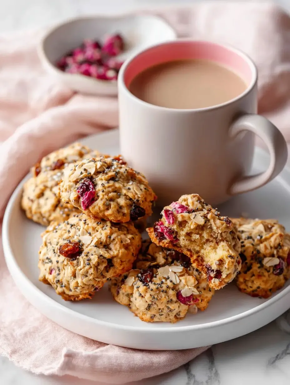 Close-up of a Cherry Almond Breakfast Cookie broken in half showing the dense nutty interior with oats, almonds and dried cherries