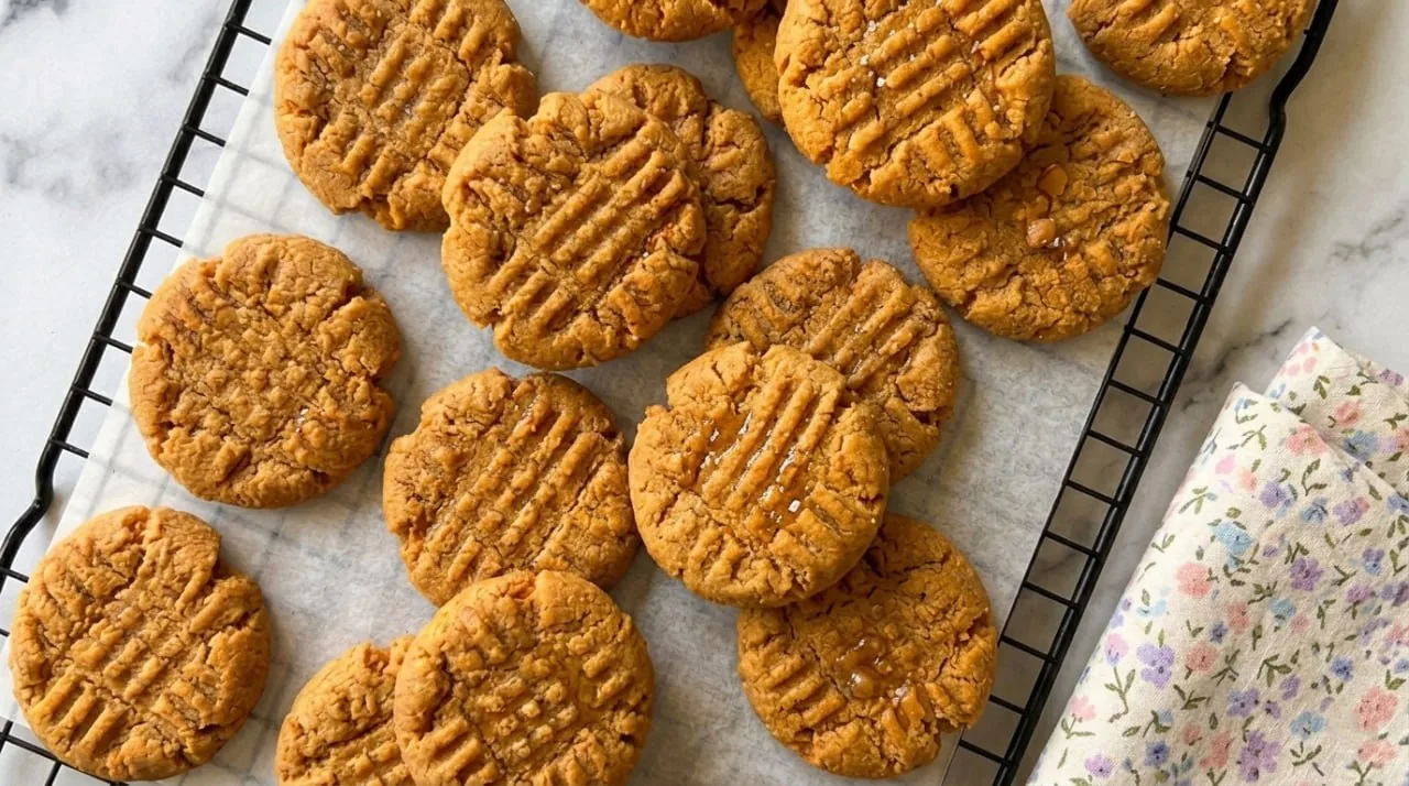 4-ingredient peanut butter cookies with crisscross pattern cooling on a black wire rack, marble background