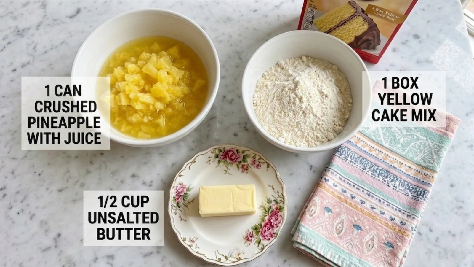 amish-pineapple-dump-cake-3-ingredients-overhead-pineapple-cake-mix-butter