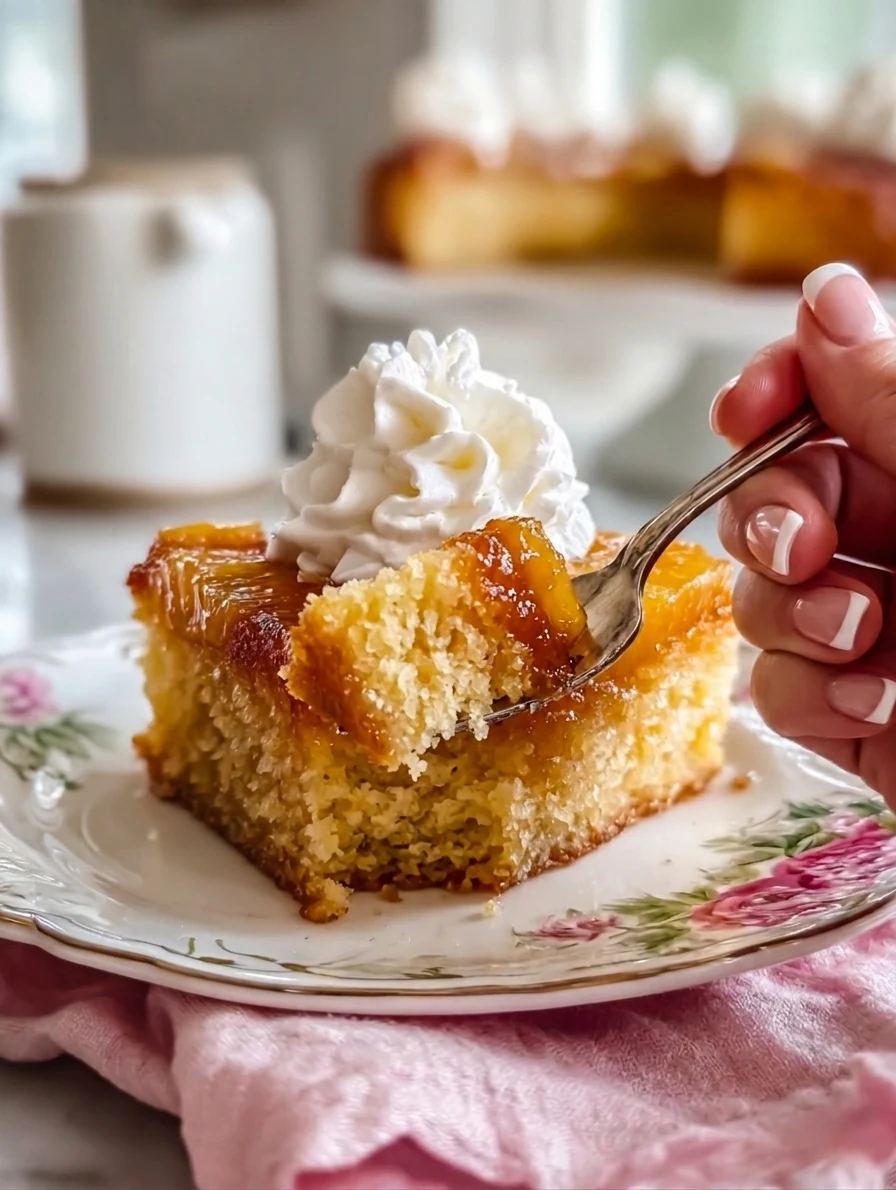 amish-pineapple-dump-cake-fork-lifting-bite-close-up