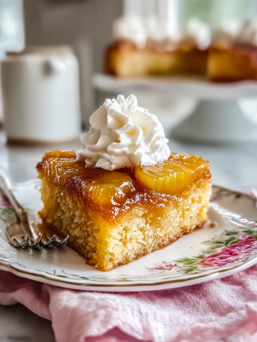 amish-pineapple-dump-cake-golden-slice-whipped-cream-floral-plate