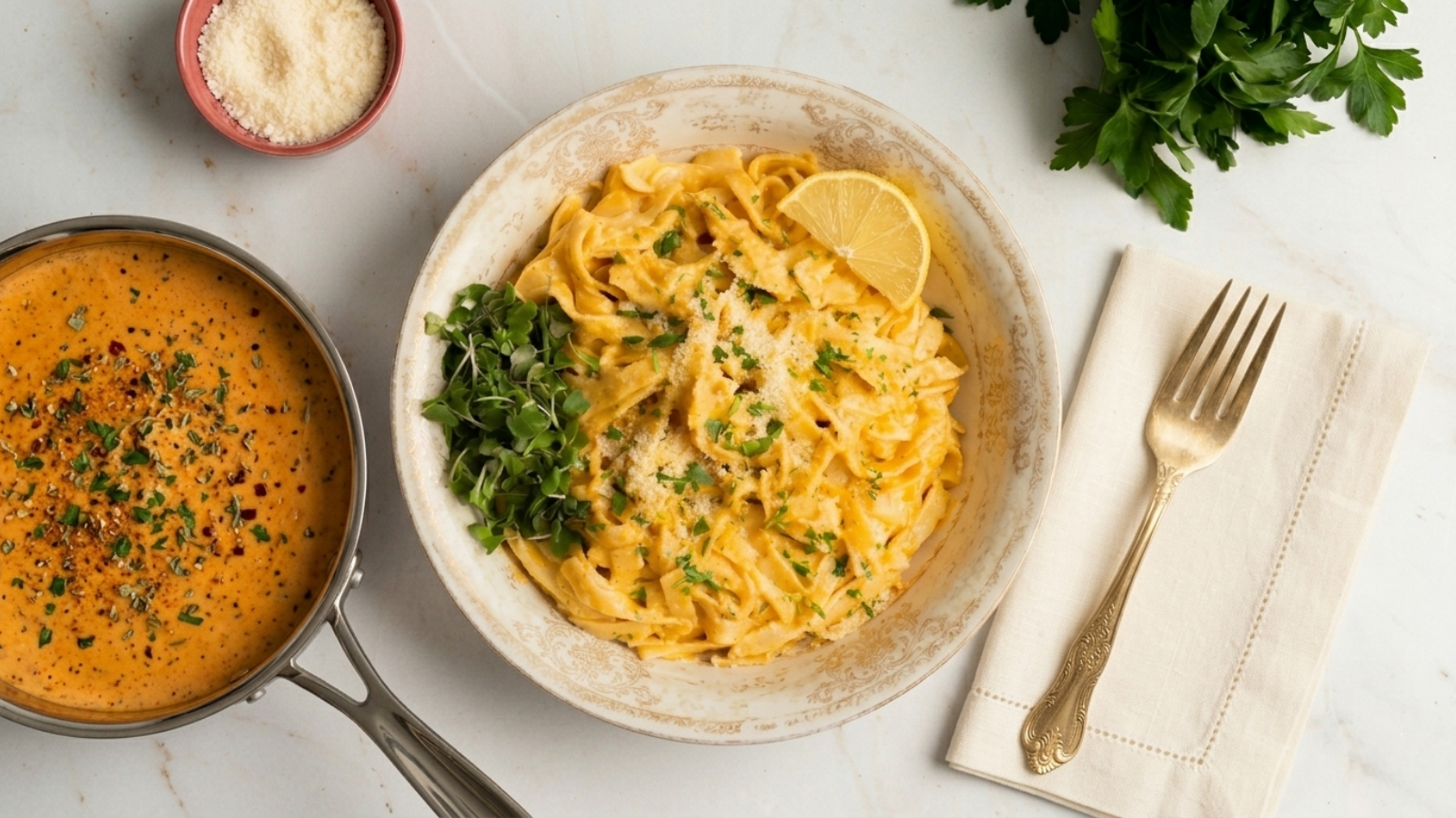 Dinner Recipes 16 Overhead view of homemade Cajun Alfredo Sauce in a skillet next to a bowl of fettuccine garnished with fresh parsley and lemon
