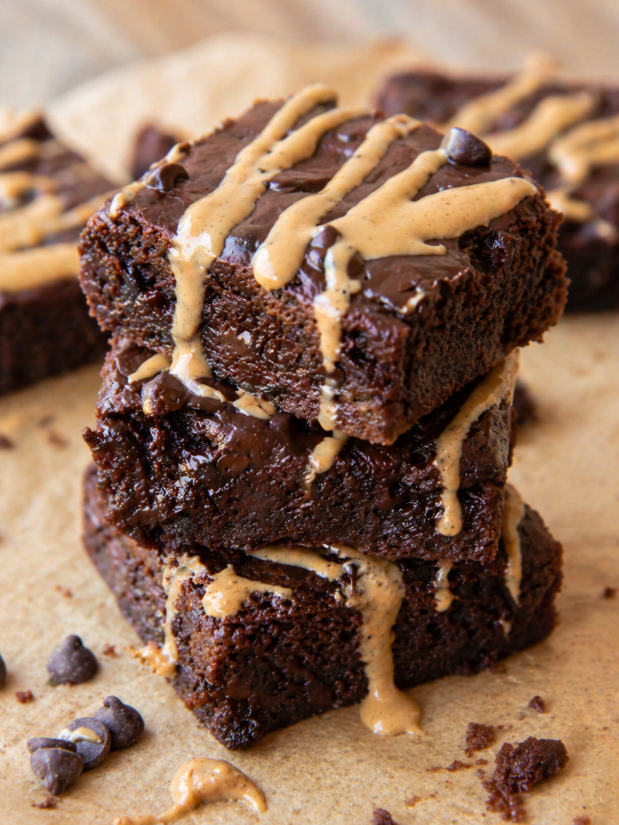 Cottage Cheese Brownies Stack three fudgy cottage cheese protein brownies stacked with peanut butter drizzle and chocolate chips