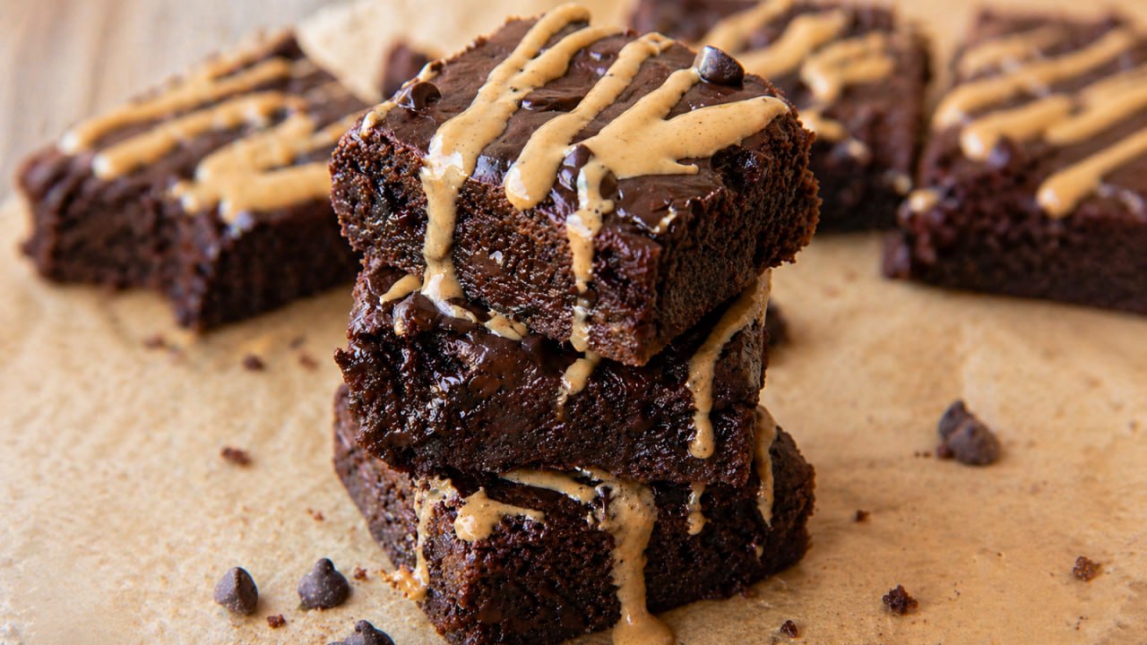 cottage cheese brownies stacked with peanut butter drizzle and chocolate chips on parchment paper