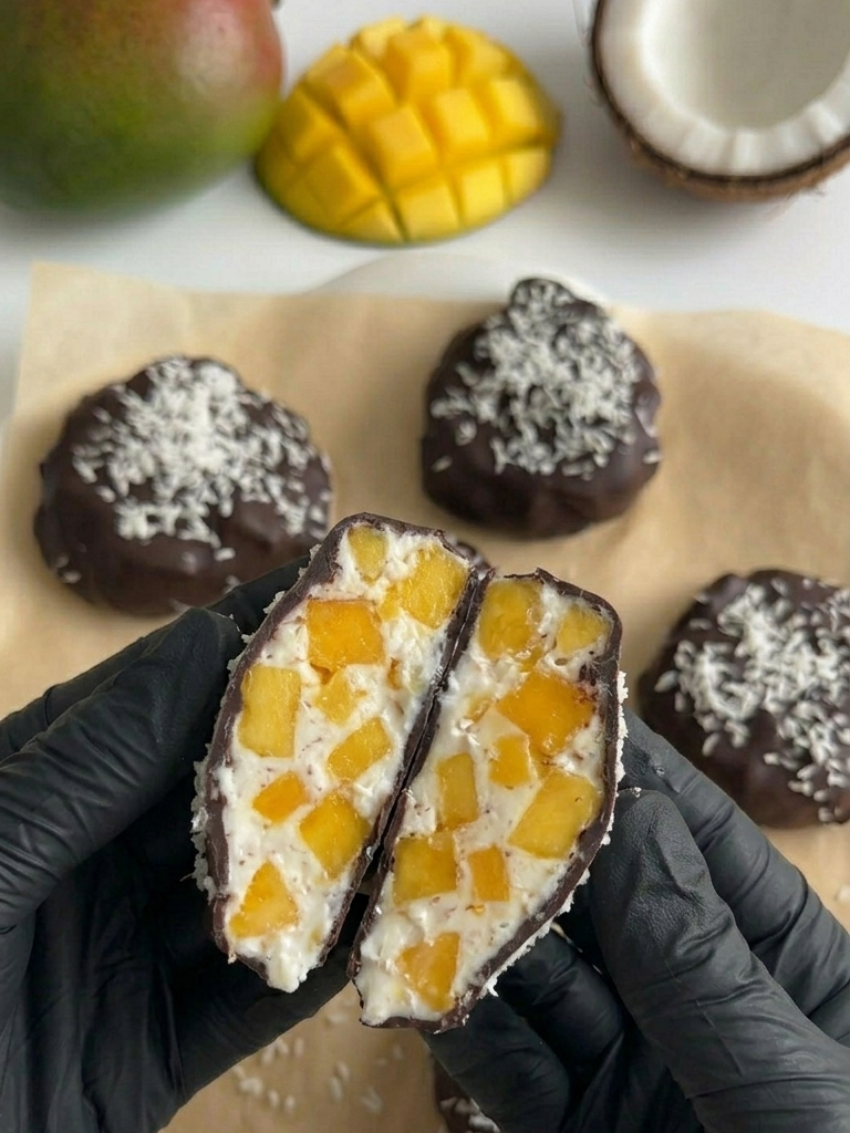 Chocolate Mango Yogurt Bites hero cross-section Chocolate Mango Yogurt Bites cut in half showing creamy mango yogurt filling inside dark chocolate shell with shredded coconut on top