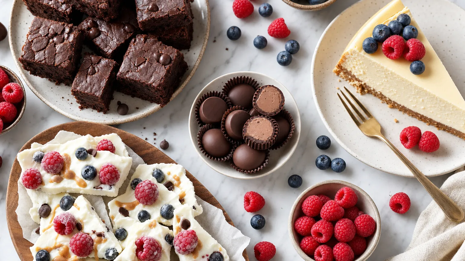 Easy Homemade Recipes 36 Overhead spread of high-protein desserts: brownies, cheesecake, bark and chocolate bites with fresh berries
