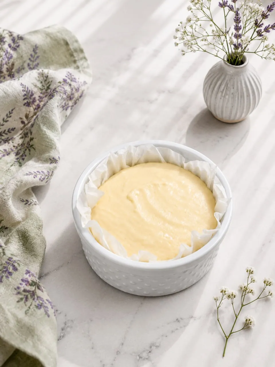 Lemon Blueberry Cheesecake 11 Smooth cheesecake batter poured into a parchment-lined ramekin