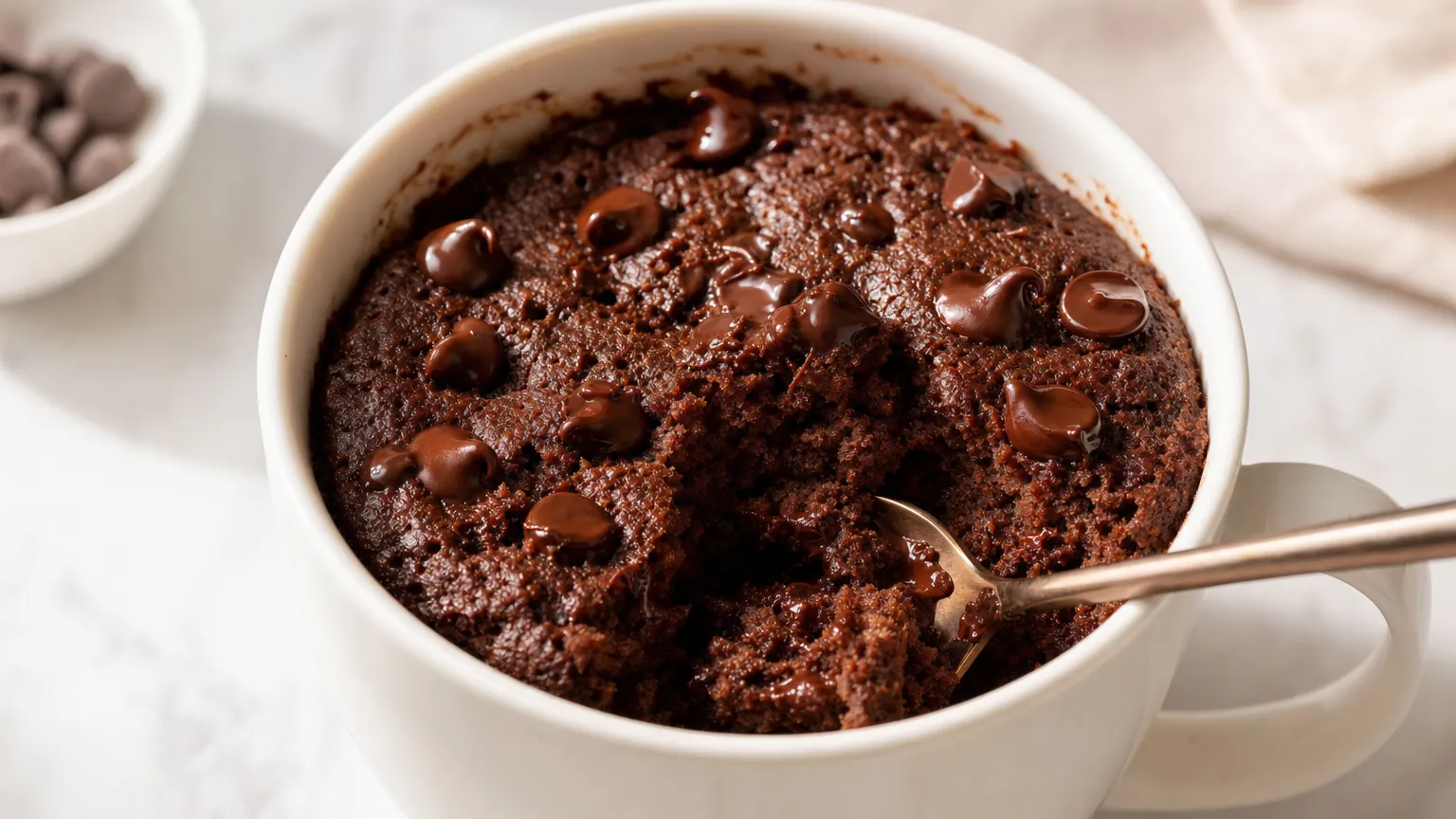 Easy Homemade Recipes 35 Fudgy chocolate protein mug cake in a white mug topped with melted chocolate chips