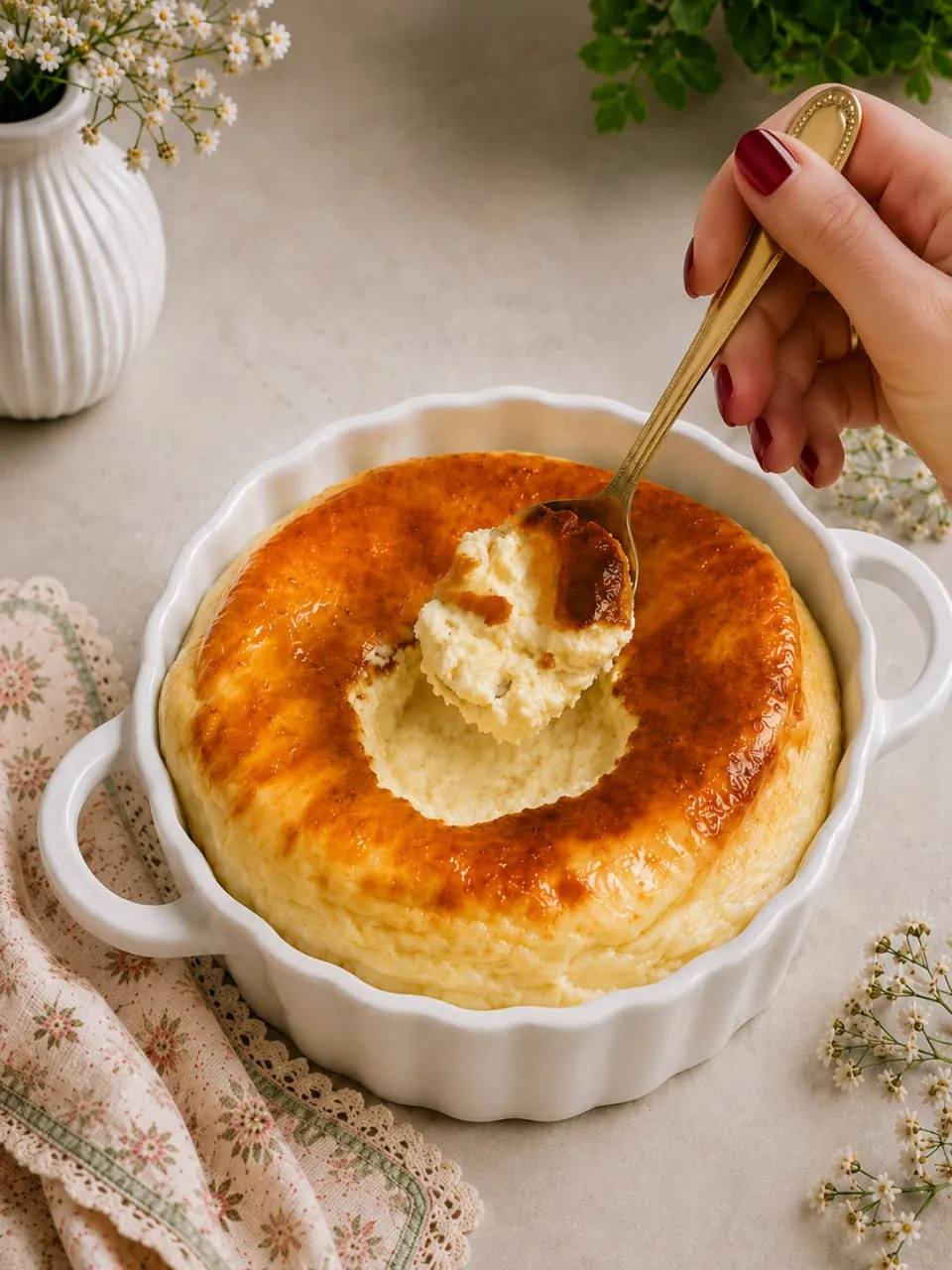 2 Ingredient Protein Cheesecake 13 A spoon lifting a creamy bite from the baked protein cheesecake