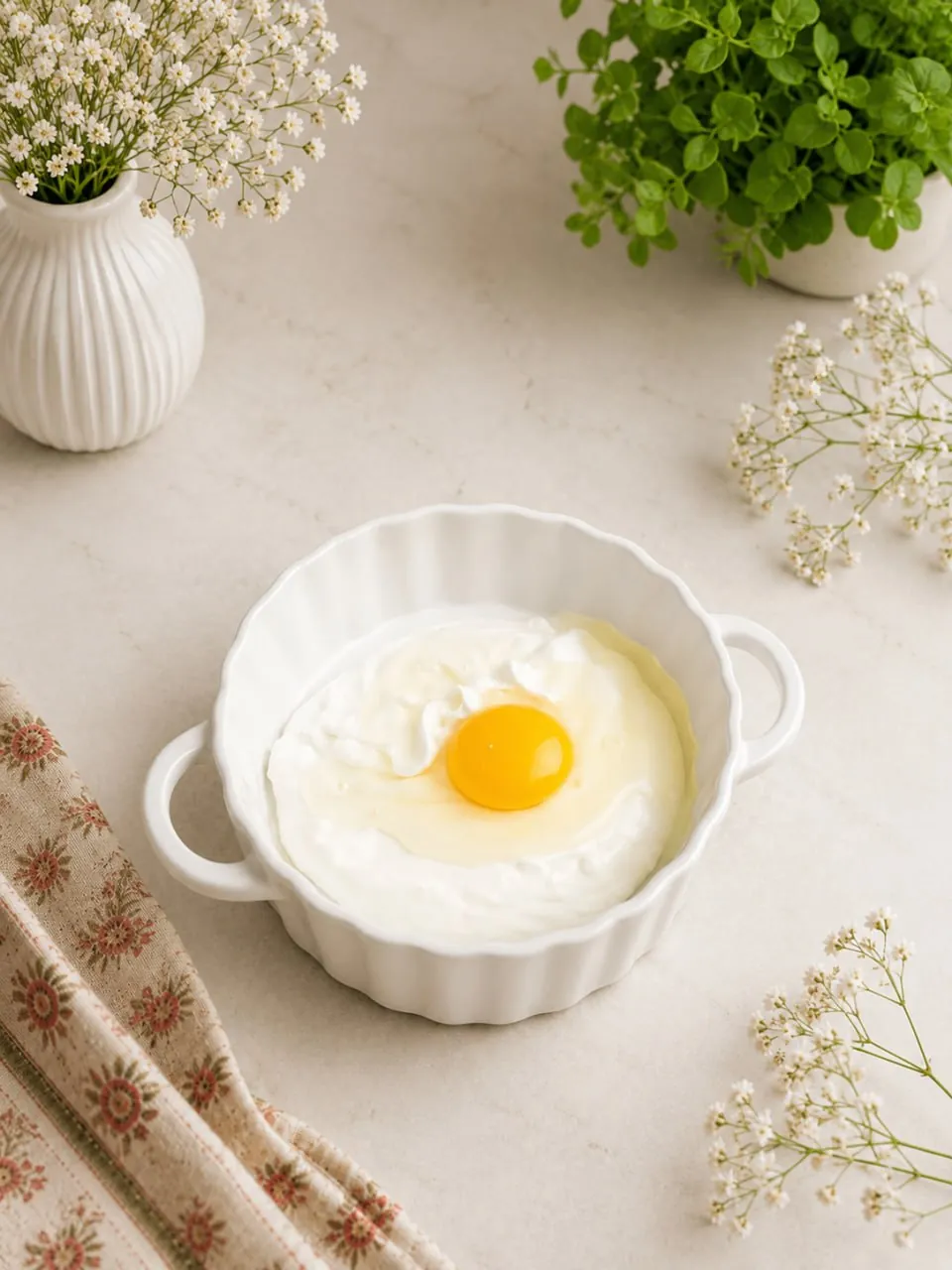 2 Ingredient Protein Cheesecake 11 Greek yogurt with a raw egg cracked on top in a ramekin