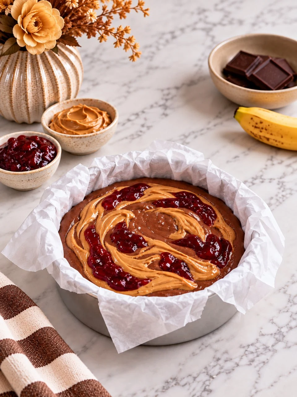 chocolate-cheesecake-batter-with-peanut-butter-and-jam-swirled-on-top
