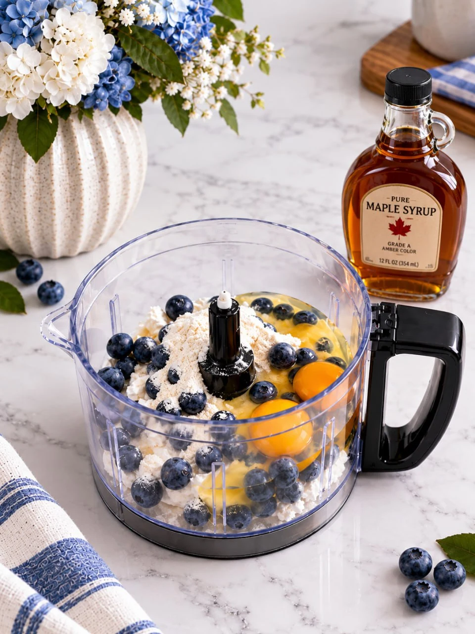 High Protein Blueberry Cheesecake (No Cream Cheese) 10 cottage-cheese-greek-yogurt-eggs-and-blueberries-in-a-food-processor