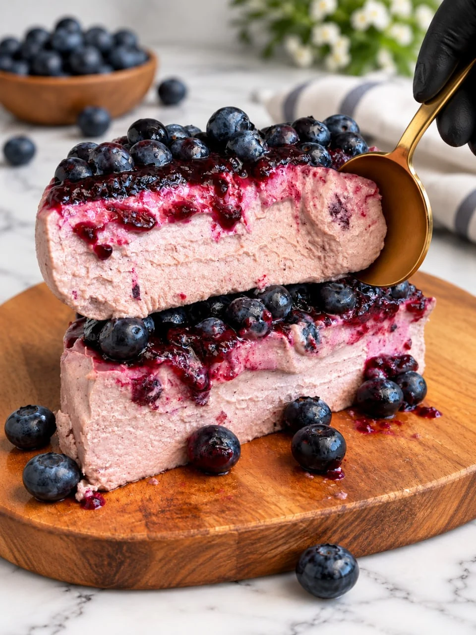 High Protein Blueberry Cheesecake (No Cream Cheese) 11 creamy-slice-of-high-protein-blueberry-cheesecake-on-a-wooden-board