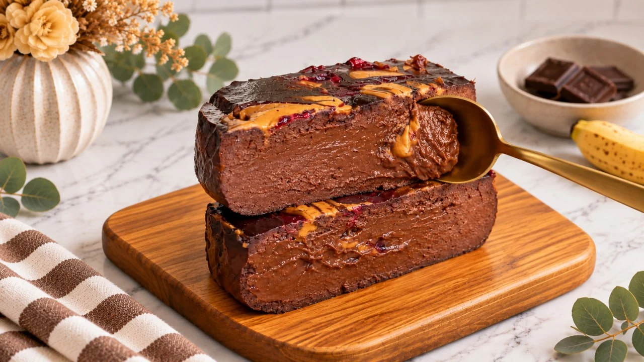 creamy-slices-of-high-protein-chocolate-banana-cheesecake-with-a-gold-spoon