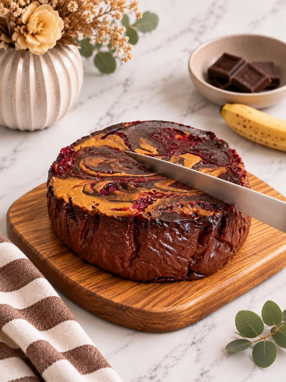 high-protein-chocolate-banana-cheesecake-with-peanut-butter-and-jam-swirl