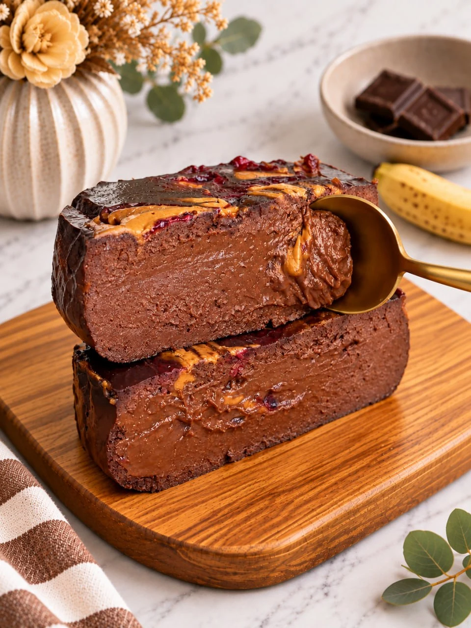 stacked-slices-of-high-protein-chocolate-banana-cheesecake-on-a-wooden-board