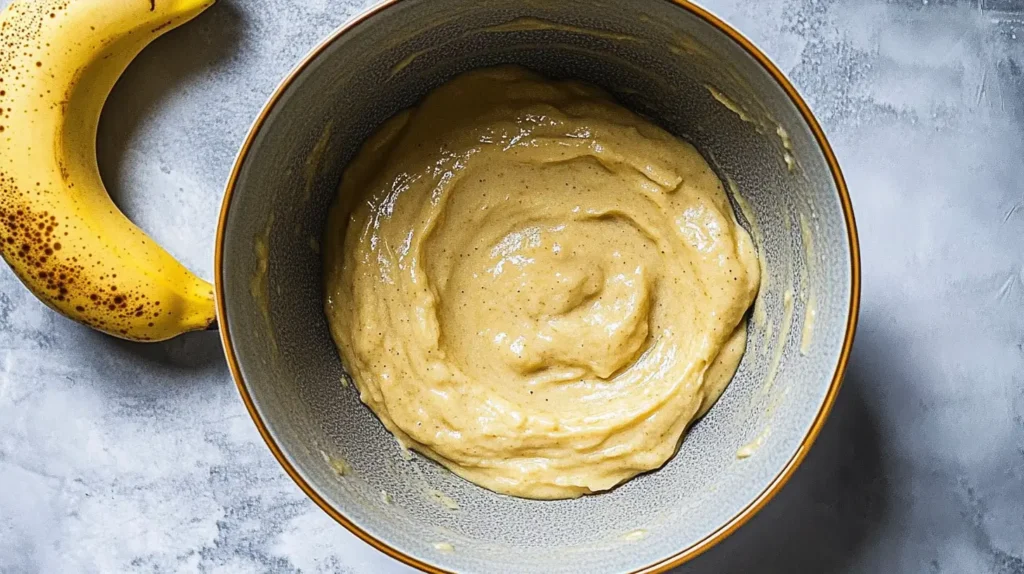 A bowl of creamy banana bread batter, smooth and pale yellow, next to a ripe banana on a textured gray background.