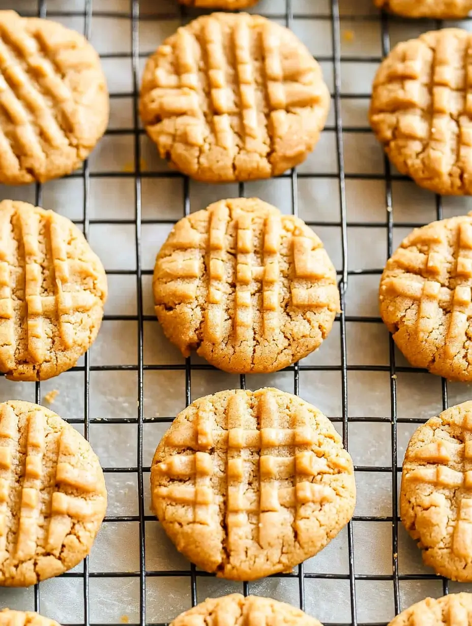 4 Ingredient Peanut Butter Cookies 3 Freshly baked cookies with a crisscross pattern cooling on a wire rack.