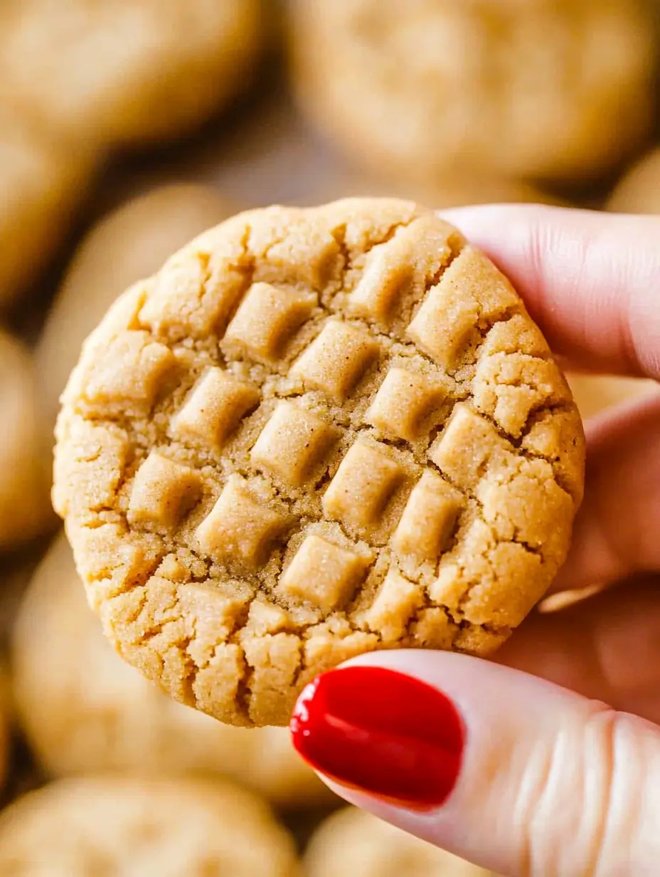 4 Ingredient Peanut Butter Cookies 5 A hand with red nail polish holding a soft and crumbly peanut butter cookie with a classic crisscross pattern.