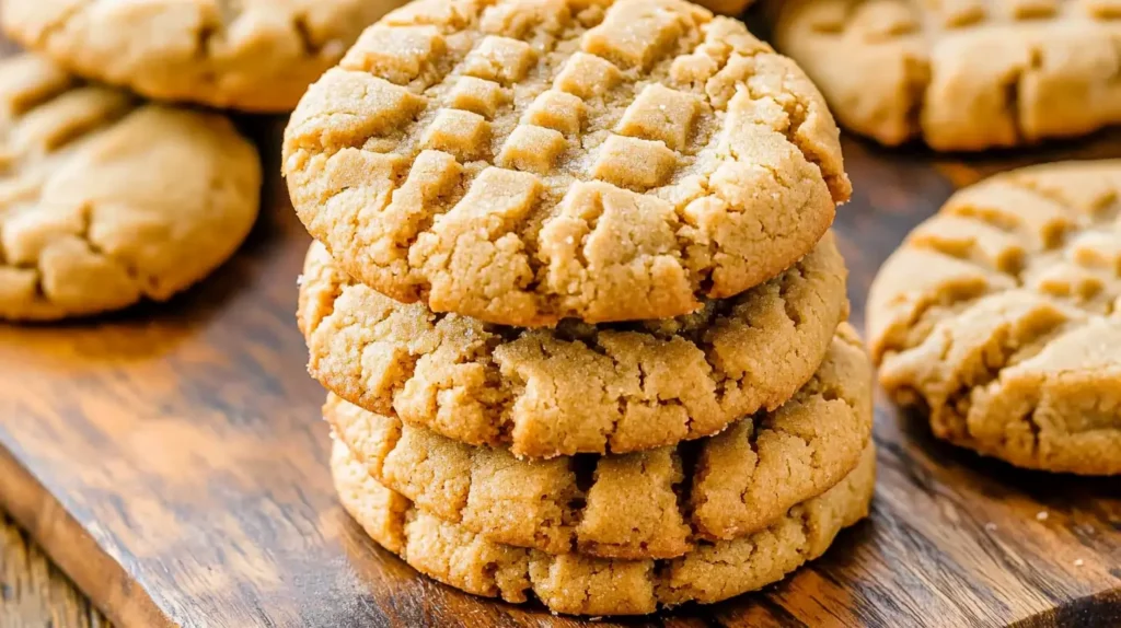 4 Ingredient Peanut Butter Cookies 1 Stack of golden 4-ingredient peanut butter cookies on a wooden board, with a soft and crumbly texture and a classic crisscross pattern on top.