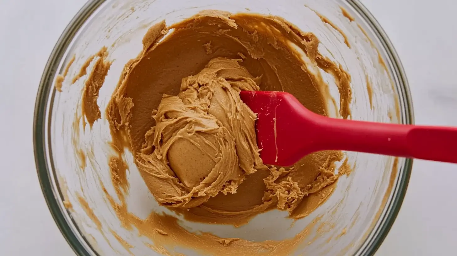 4 Ingredient Peanut Butter Cookies 4 Creamy peanut butter cookie dough mixed in a glass bowl with a red spatula, ready to be shaped into cookies.