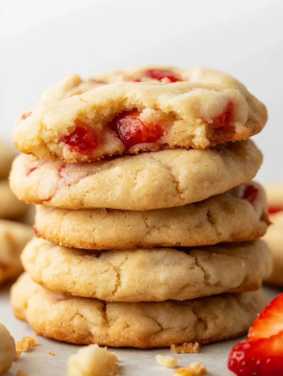 Strawberry Cheesecake Cookies Recipe 13 Close-up-of-a-stack-of-strawberry-cheesecake-cookies-with-a-gooey-filling-showcasing-fresh-strawberry-bits-peeking-through-the-dough-1