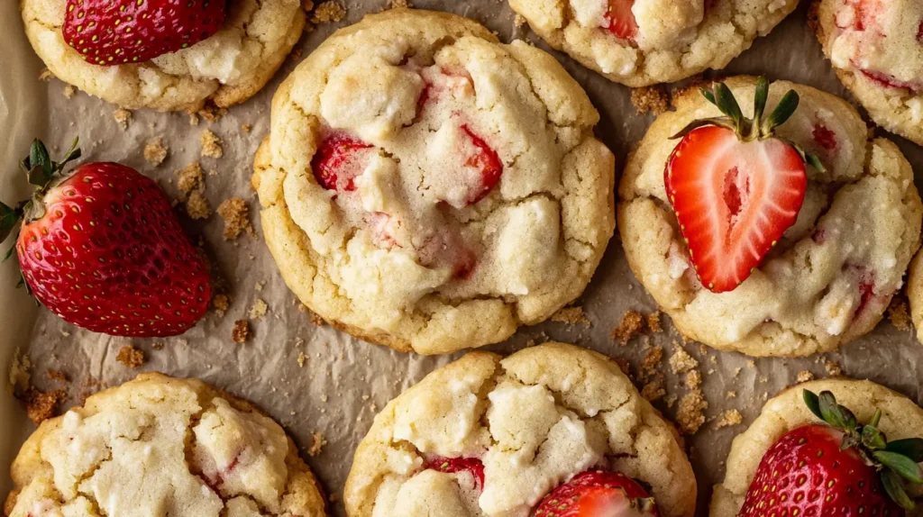 Fresh-Baked-Strawberry-cheesecake-Cookies-Top-Down-View
