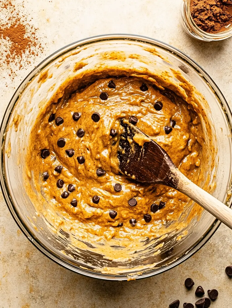 Pumpkin Banana Muffins 4 Glass Bowl of Pumpkin Banana Batter with Chocolate Chips