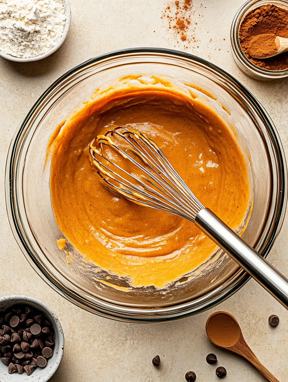 Pumpkin Banana Muffins 3 Pumpkin-Banana-Muffin-Batter-in-a-Glass-Bowl-with-a-Whisk