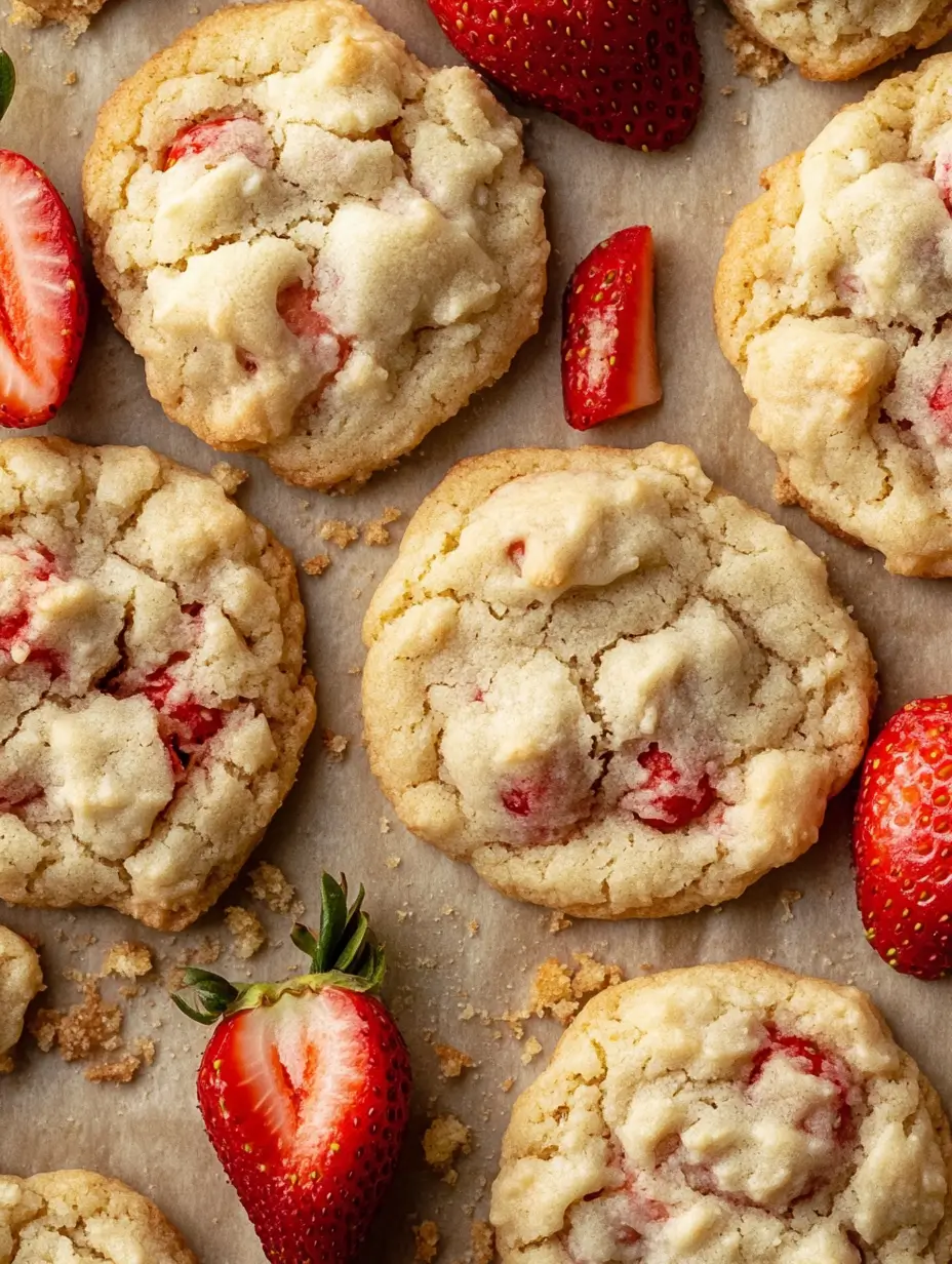 Strawberry Cheesecake Cookies Recipe 16 goodies-with-Fresh-Strawberries-on-Parchment-Paper