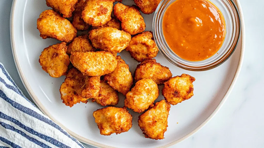 crispy-air-fryer-chicken-bites-on-a-plate-with-dipping-sauce