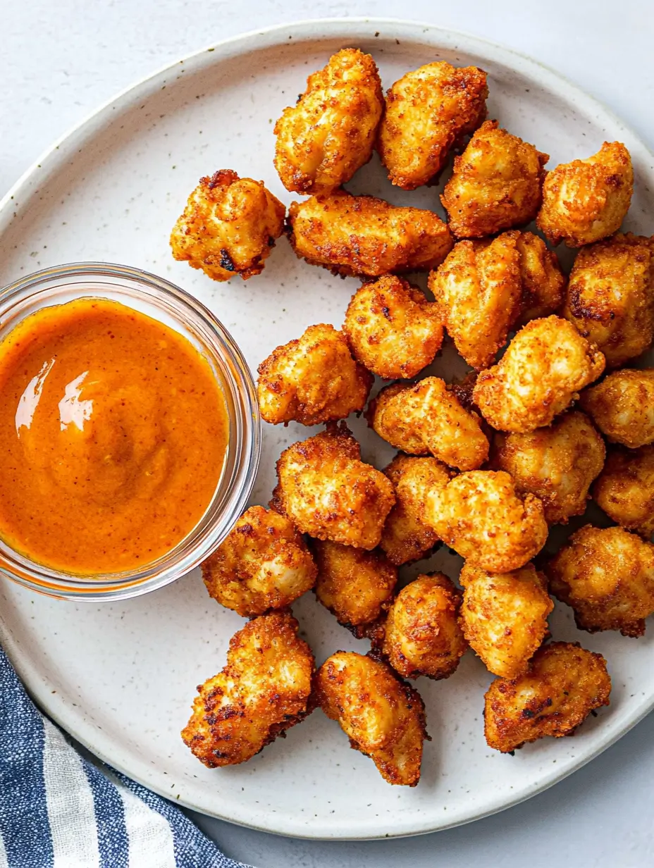 Crusty Air Fryer Chicken Bites 19 crispy-air-fryer-chicken-bites-arranged-on-a-plate-with-spicy-orange-dipping-sauce