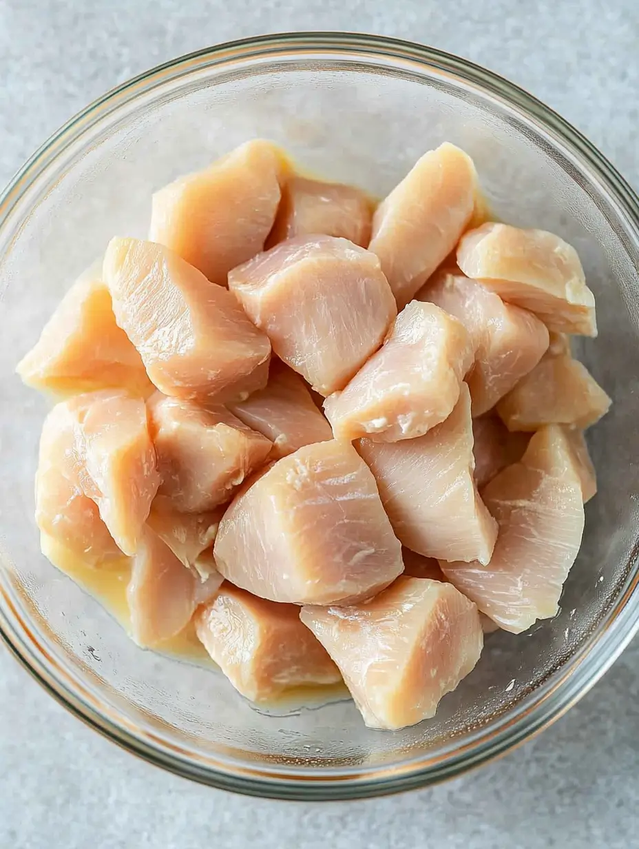 Crusty Air Fryer Chicken Bites 20 raw-chicken-cubes-in-a-glass-bowl-ready-for-prep