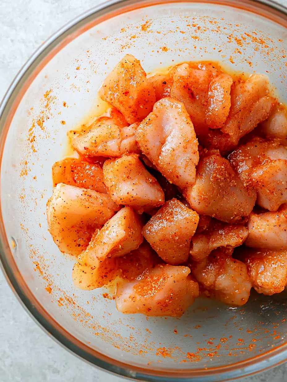 Crusty Air Fryer Chicken Bites 21 marinated-chicken-cubes-in-a-glass-bowl-with-seasoning