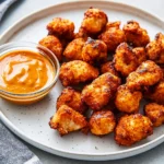 Crusty Air Fryer Chicken Bites 28 pile-of-crispy-air-fryer-chicken-bites-on-a-plate-with-a-small-glass-bowl-of-spicy-dipping-sauce