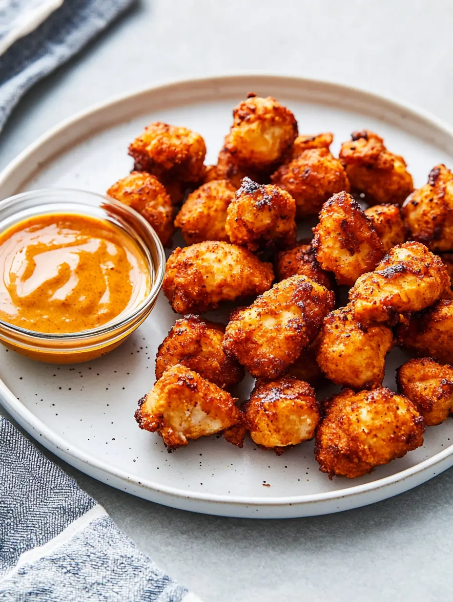 Crusty Air Fryer Chicken Bites 24 pile-of-crispy-air-fryer-chicken-bites-on-a-plate-with-a-small-glass-bowl-of-spicy-dipping-sauce