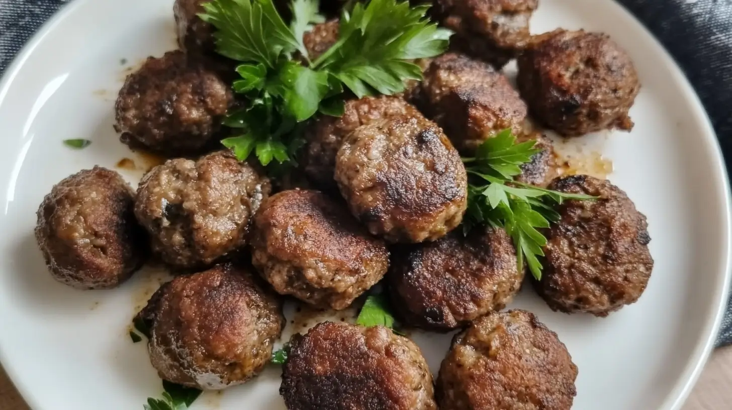 Beef Liver Recipe You’ll Actually Crave 5 A plate of golden-brown beef liver meatballs, garnished with fresh parsley leaves, served on a white dish for an appetizing presentation.