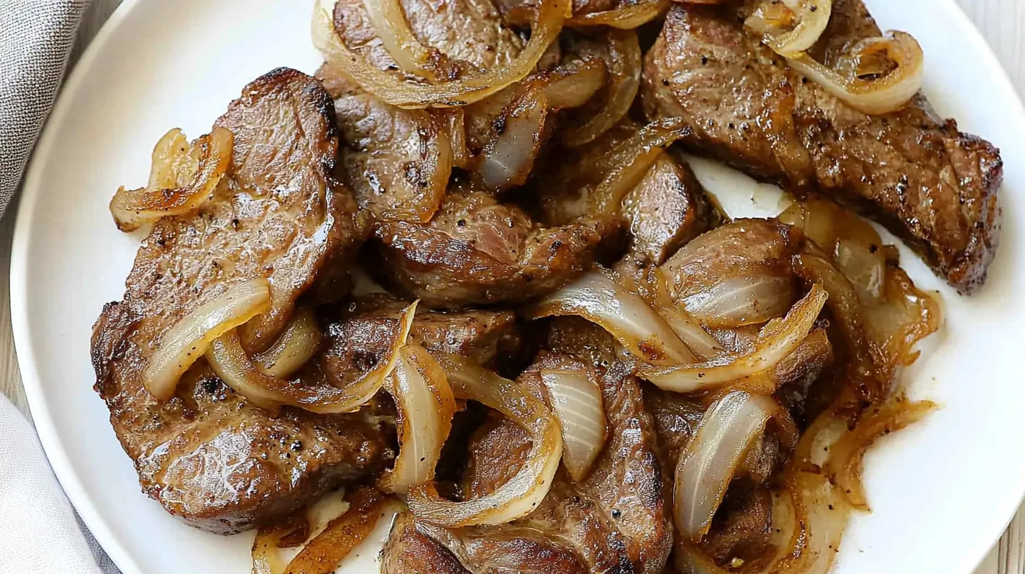 Beef Liver Recipe You’ll Actually Crave 4 A plate of beef liver topped with caramelized onions, showcasing a tender and rich brown exterior.