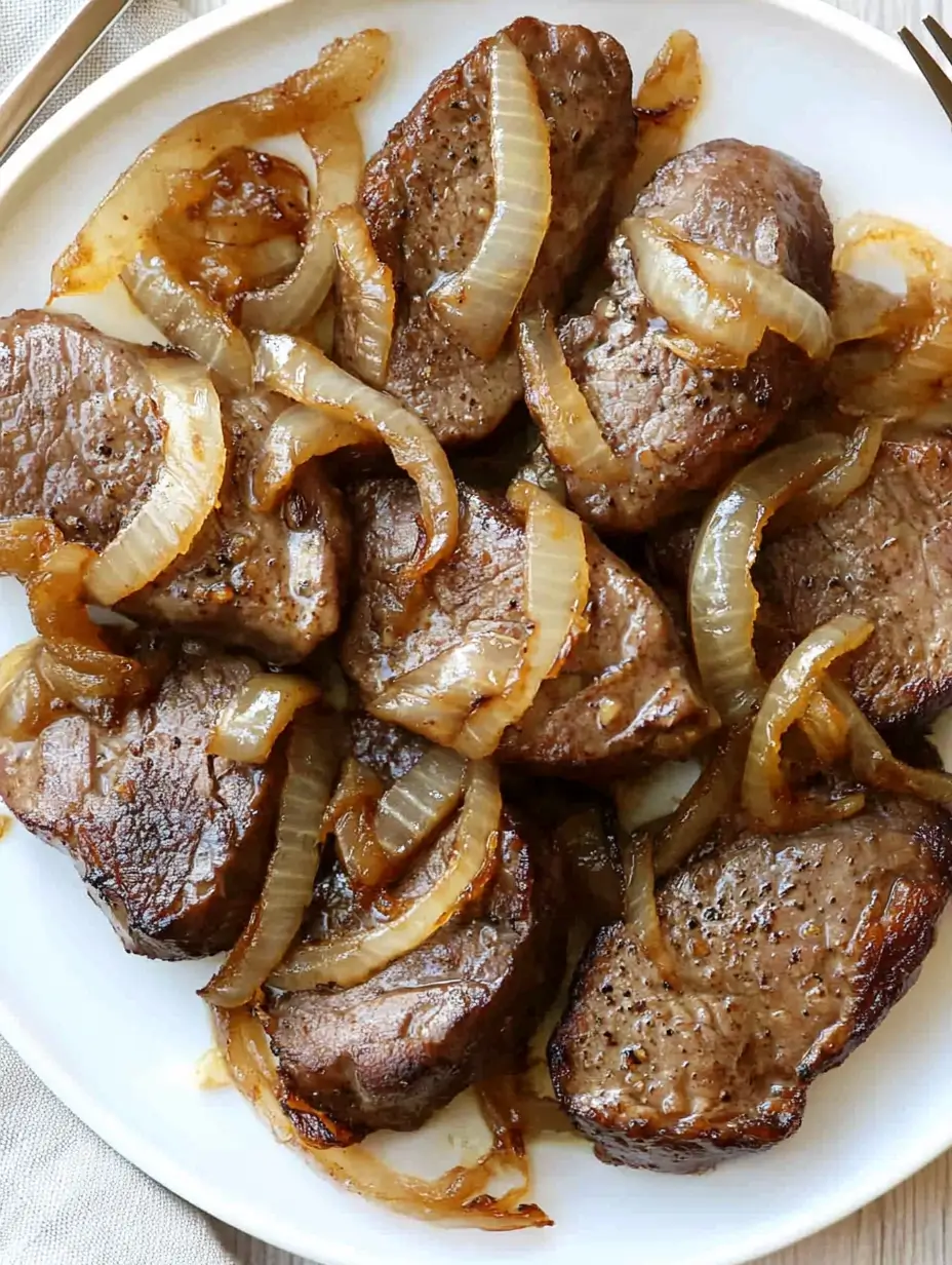 Beef Liver Recipe You’ll Actually Crave 3 Close-up of beef liver pieces with caramelized onions on a white plate, seasoned and glistening.