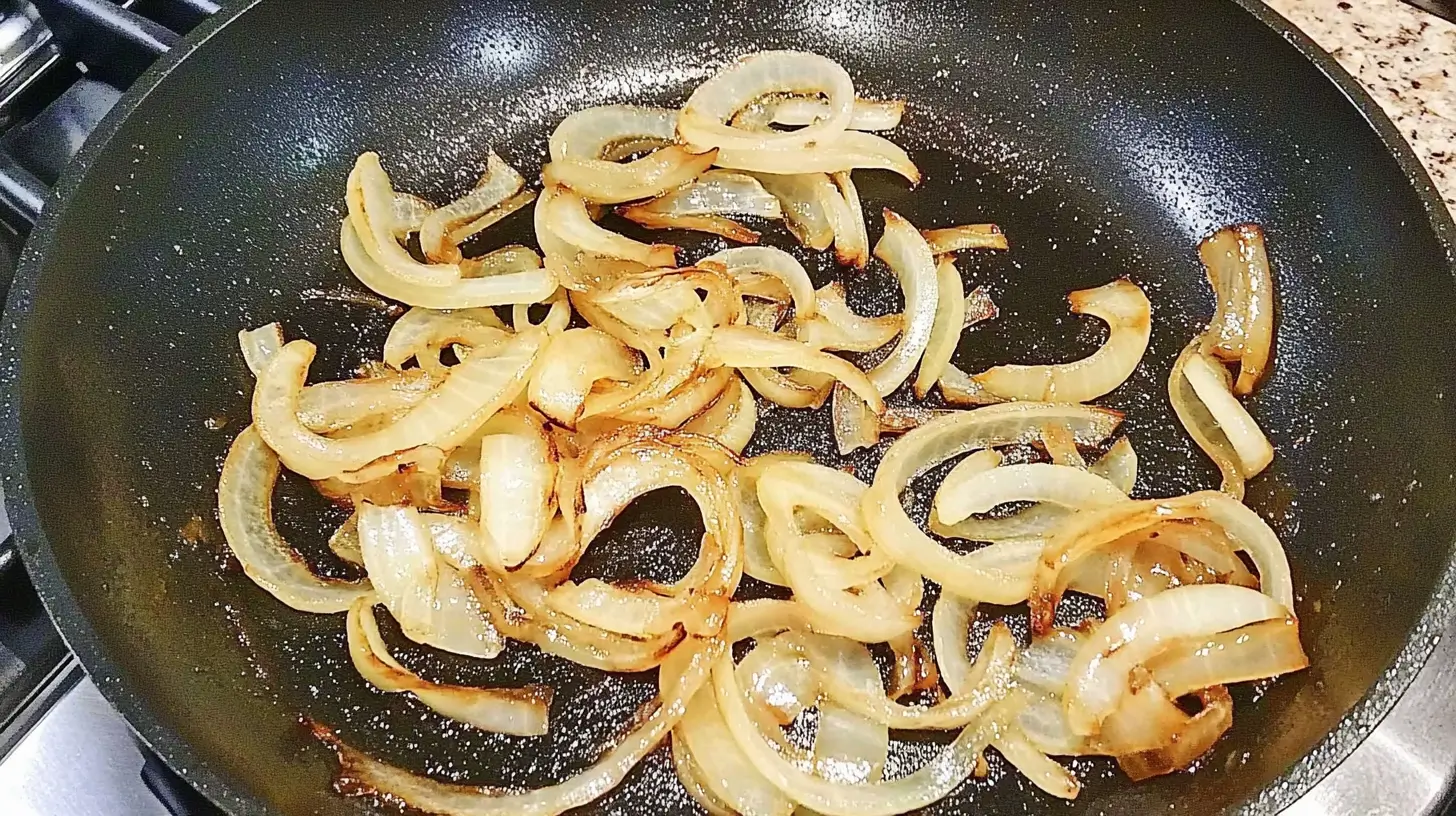 Beef Liver Recipe You’ll Actually Crave 2 Sautéed caramelized onions in a black skillet, golden and glistening from the cooking process.
