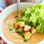 Big Mac Soup Everyone Will Love 10 A vibrant bowl of Big Mac soup topped with croutons, fresh parsley, and a garnish of lettuce, served on a red checkered tablecloth for a fresh presentation.