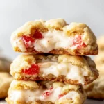 Strawberry Cheesecake Cookies Recipe 18 broken-strawberry-cheesecake-cookies-revealing-its-creamy-center-and-vibrant-red-strawberry-pieces-against-a-soft-golden-crust