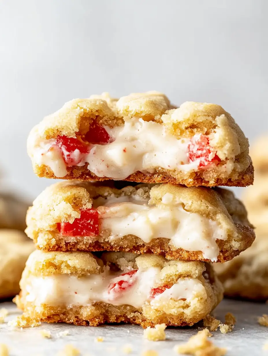 Strawberry Cheesecake Cookies Recipe 11 broken-strawberry-cheesecake-cookies-revealing-its-creamy-center-and-vibrant-red-strawberry-pieces-against-a-soft-golden-crust