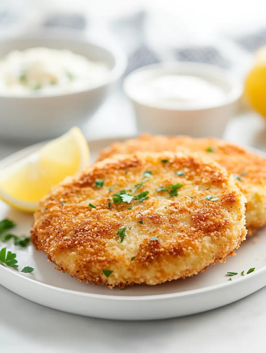 CALAMARI STEAK RECIPE 5 Two breaded calamari steaks garnished with parsley and served with lemon wedges on a white plate.