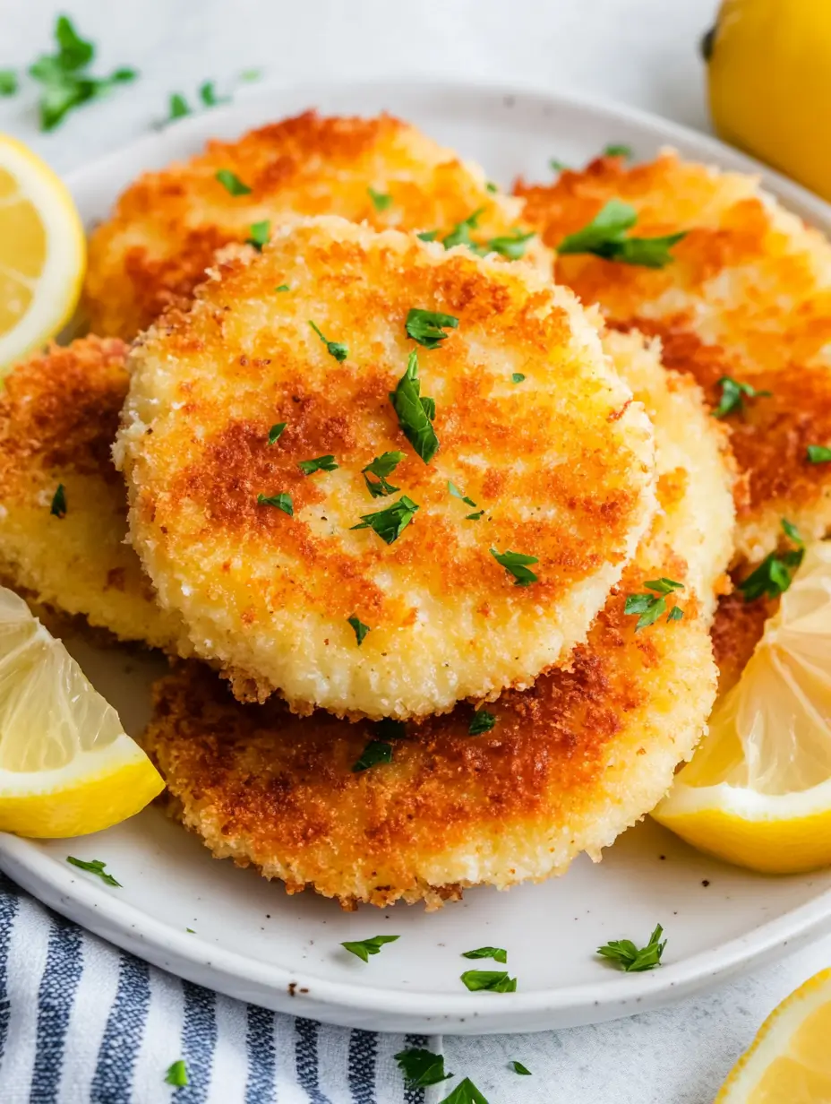 CALAMARI STEAK RECIPE 2 Stack of crispy calamari steaks topped with fresh parsley and surrounded by lemon slices.